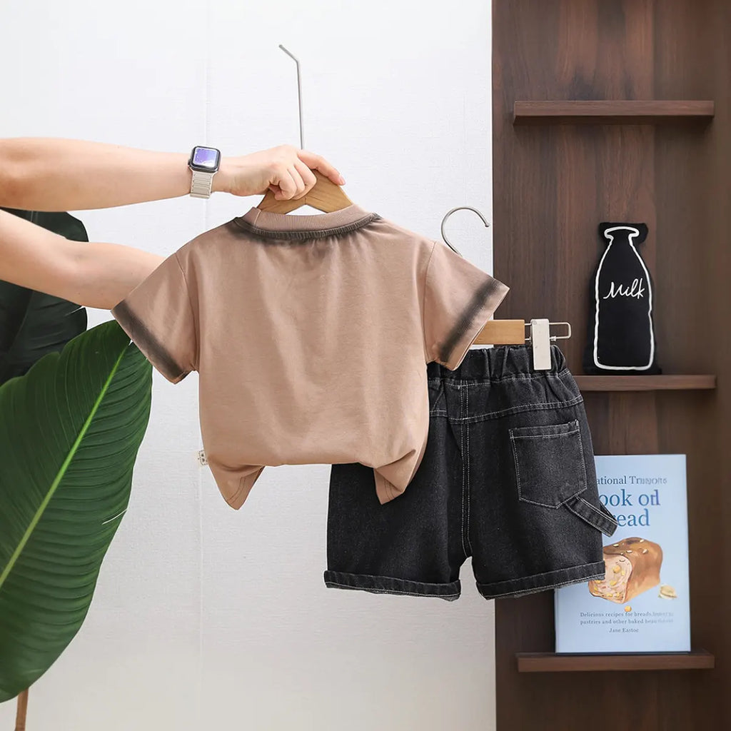 Boys Brown Typographic Print T-Shirt With Denim Shorts Set Sets