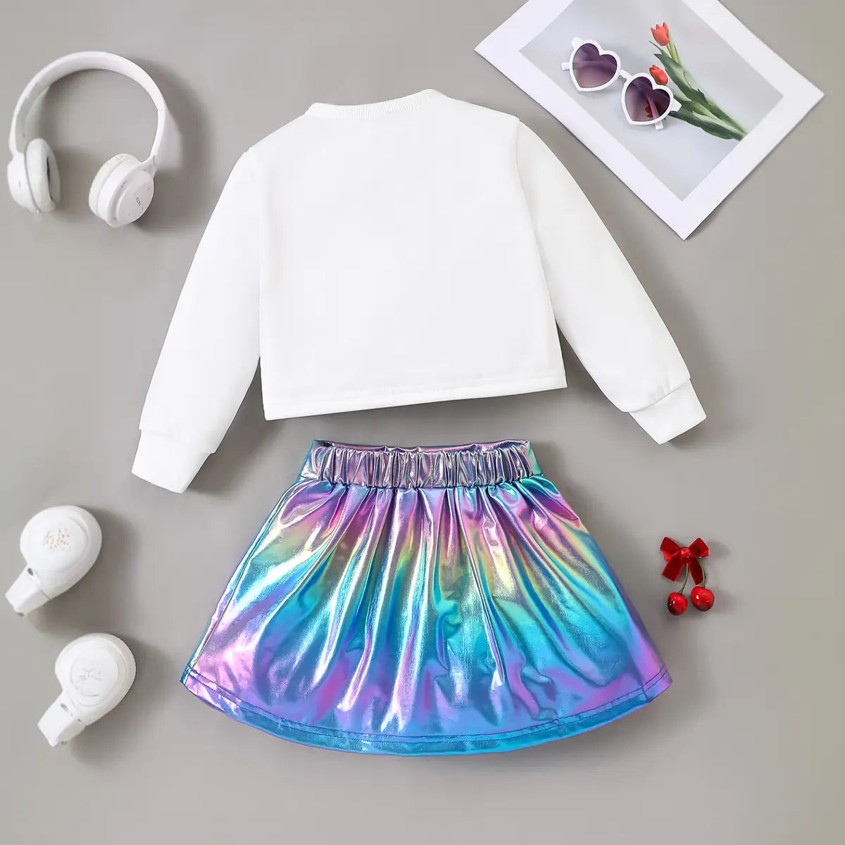 Girls White Cherry Printed Long Sleeves Top With Colourful Pleated Skirt Sets Sets
