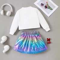 Girls White Cherry Printed Long Sleeves Top With Colourful Pleated Skirt Sets Sets
