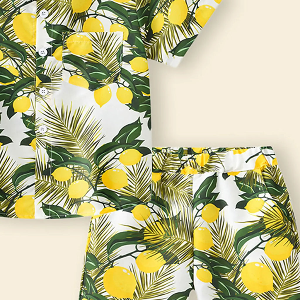 Boys Yellow Lemon Print Button-Down Shirt With Shorts & Hat Co-ord Sets Sets