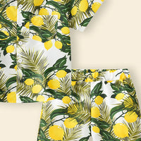 Boys Yellow Lemon Print Button-Down Shirt With Shorts & Hat Co-ord Sets Sets