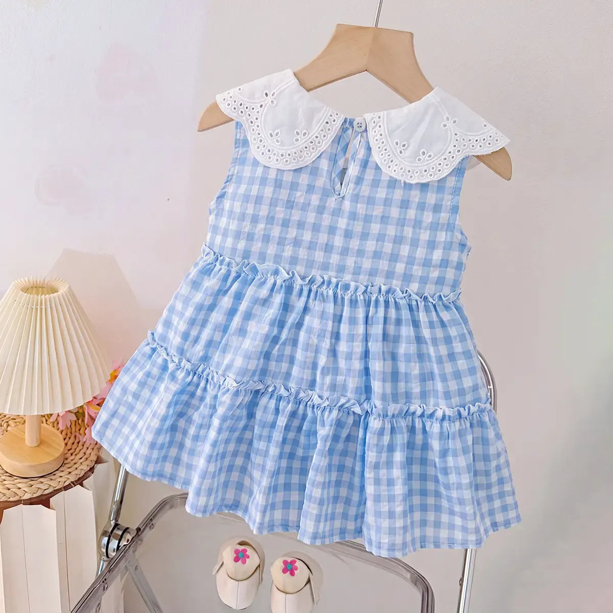 Girls Blue Checked Strawberry Applique Sleeveless Tiered Dress Casual Dresses