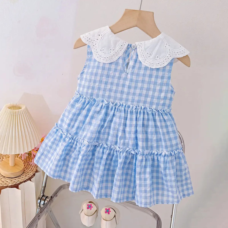 Girls Blue Checked Strawberry Applique Sleeveless Tiered Dress Casual Dresses