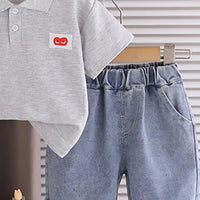 Boys Light Grey Short Sleeve Polo T-shirt With Denim Shorts Sets 2 pc. Sets