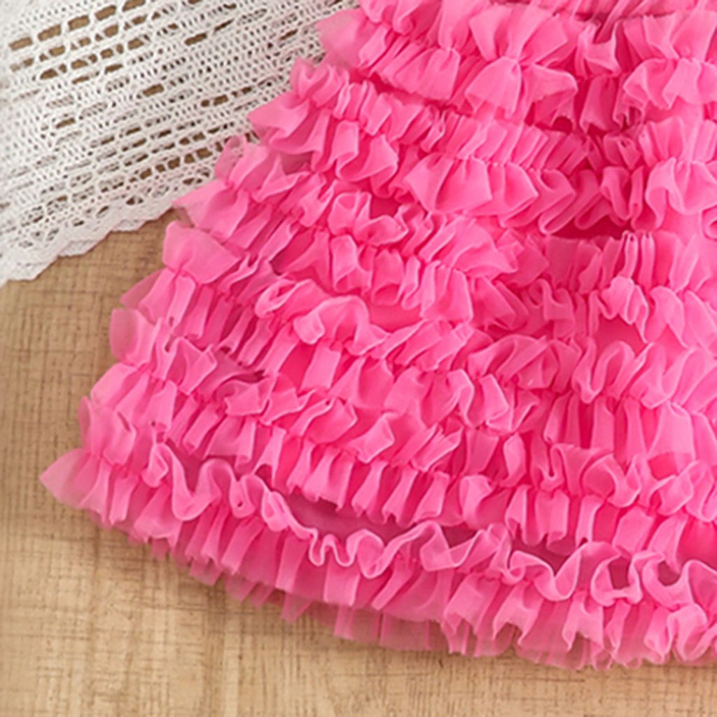 Girls Long Sleeves Top With Pink Tulle Ruffled Skirts Set Sets