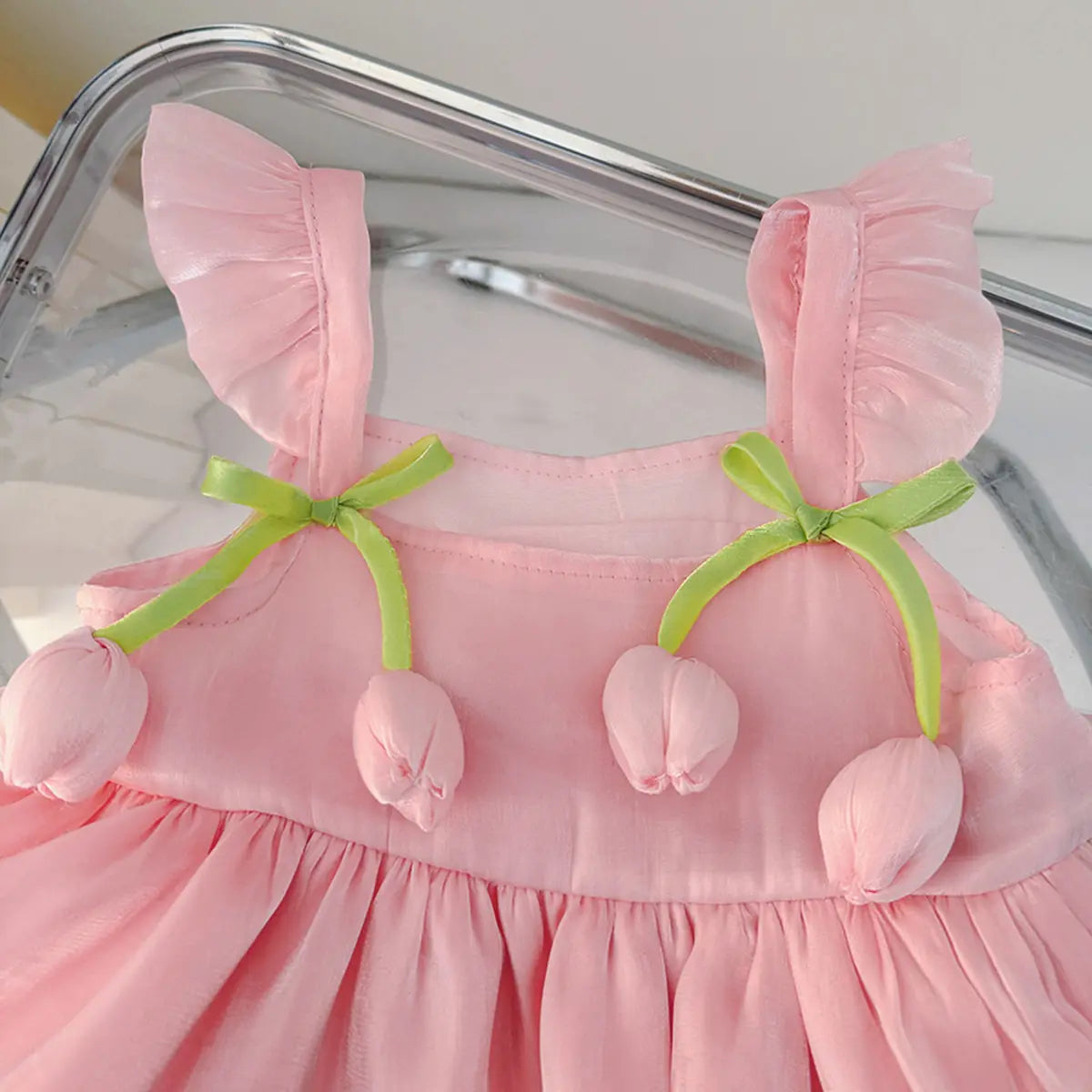 Girls Light Pink Sleeveless Balloon Dress with 3D Tulip Flower Casual Dresses