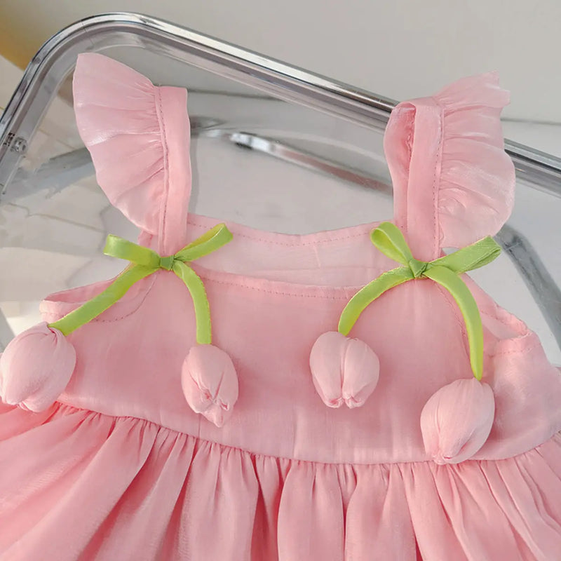 Girls Light Pink Sleeveless Balloon Dress with 3D Tulip Flower Casual Dresses