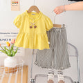 Girls Yellow Puff Sleeves Frilled Neck Peplum Top With Striped Pants Set 2 pc. Sets Yellow 1-2 Y