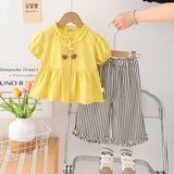 Girls Yellow Puff Sleeves Frilled Neck Peplum Top With Striped Pants Set