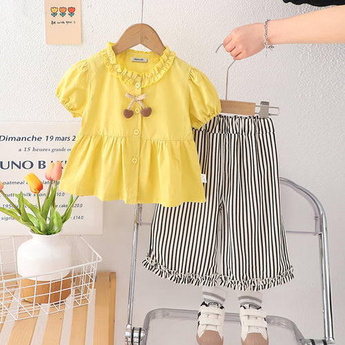 Girls Yellow Puff Sleeves Frilled Neck Peplum Top With Striped Pants Set 2 pc. Sets Yellow 1-2 Y