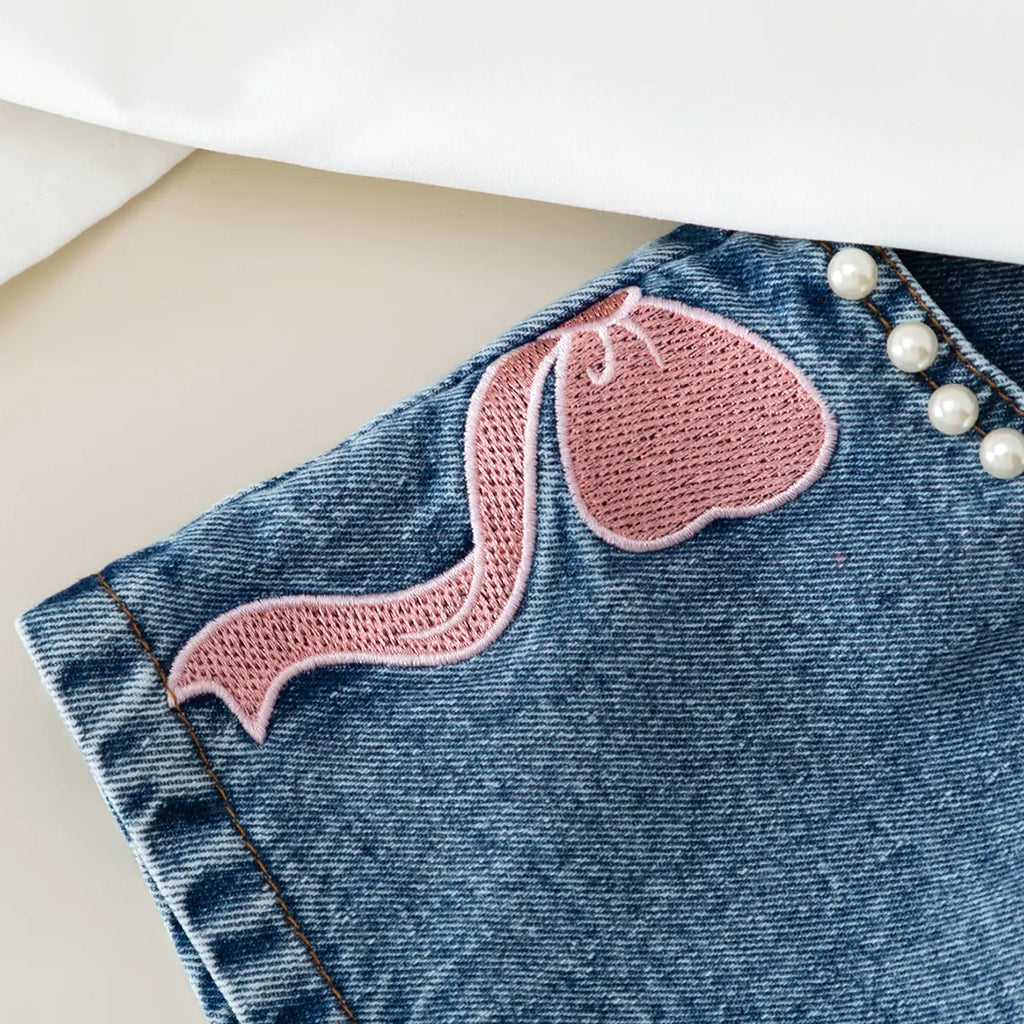 Girls White Short Sleeves Bow Applique Top With Denim Shorts Sets Sets
