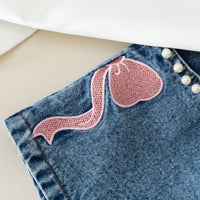 Girls White Short Sleeves Bow Applique Top With Denim Shorts Sets Sets