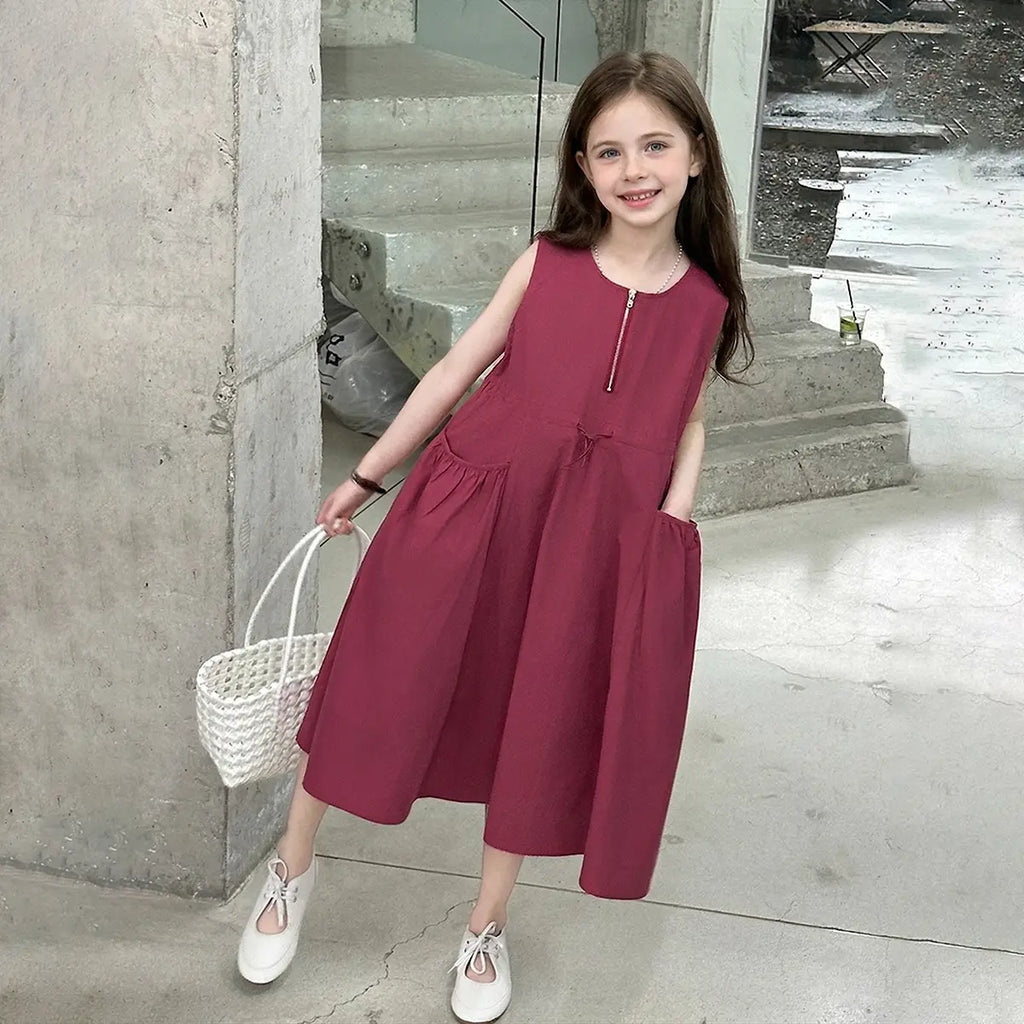 Girls Maroon Zip Front A-line Midi Dress Casual Dresses Maroon 5-6 Y