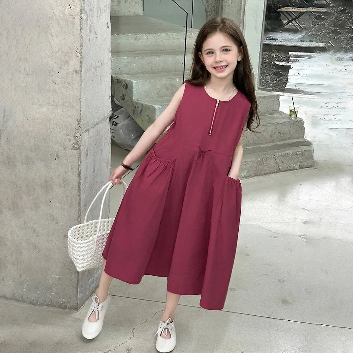 Girls Maroon Zip Front A-line Midi Dress Casual Dresses Maroon 5-6 Y