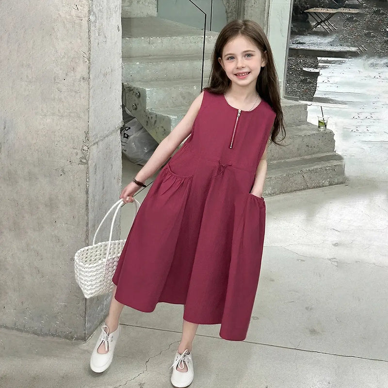 Girls Maroon Zip Front A-line Midi Dress Casual Dresses Maroon 5-6 Y