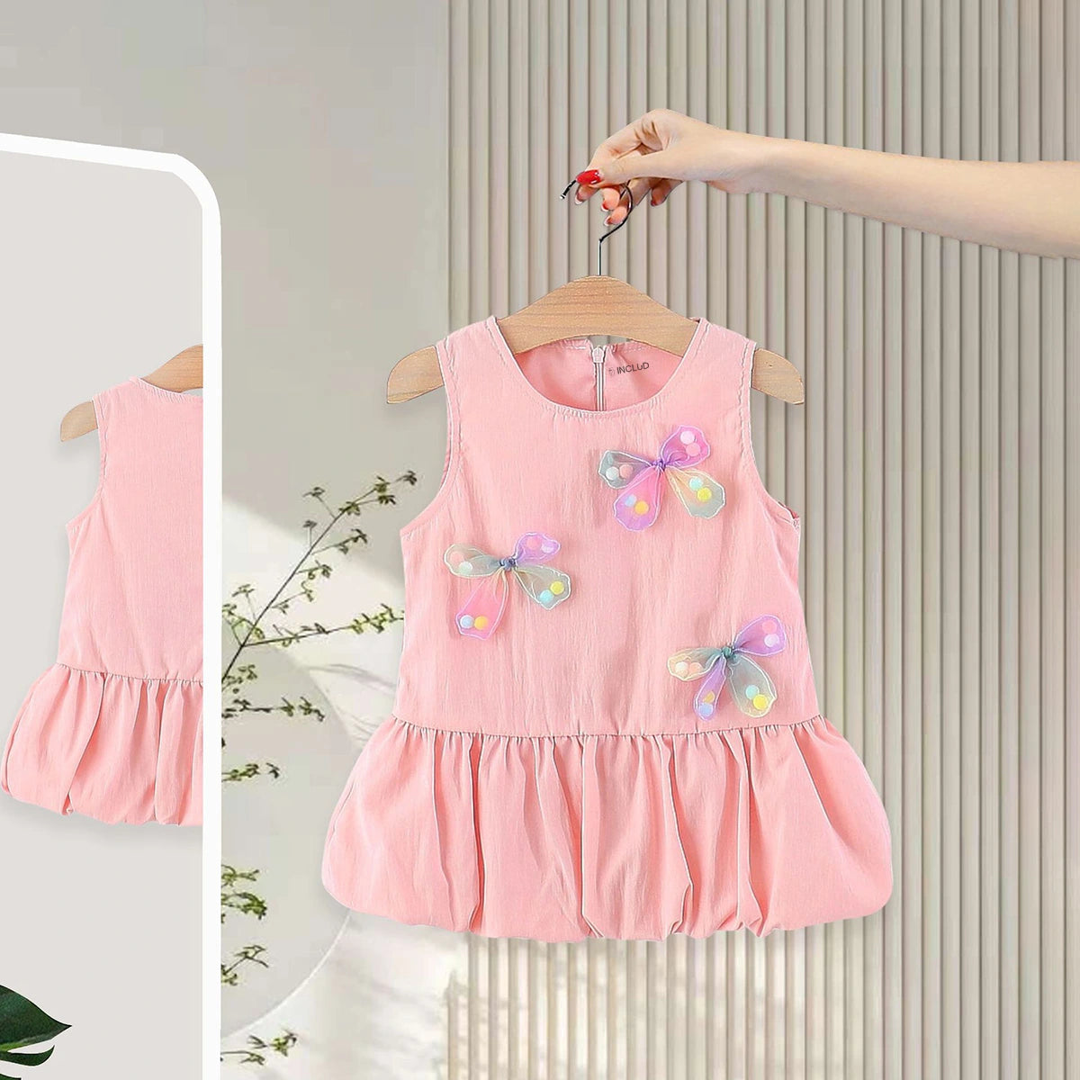Girls Pink Butterfly Applique Balloon Dress Casual Dresses Pink 1-2 Y