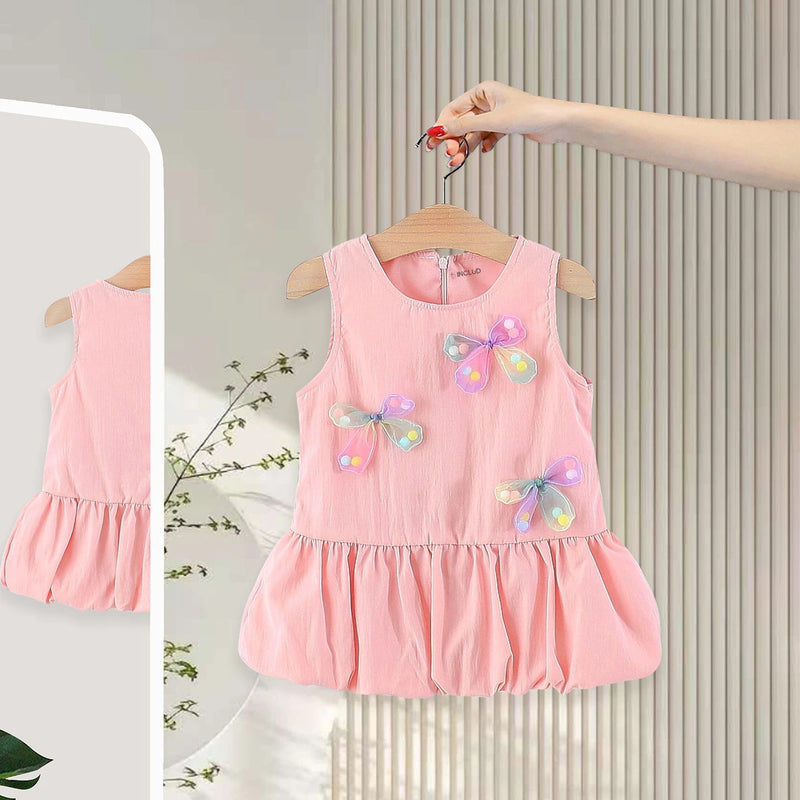 Girls Pink Butterfly Applique Balloon Dress Casual Dresses Pink 1-2 Y