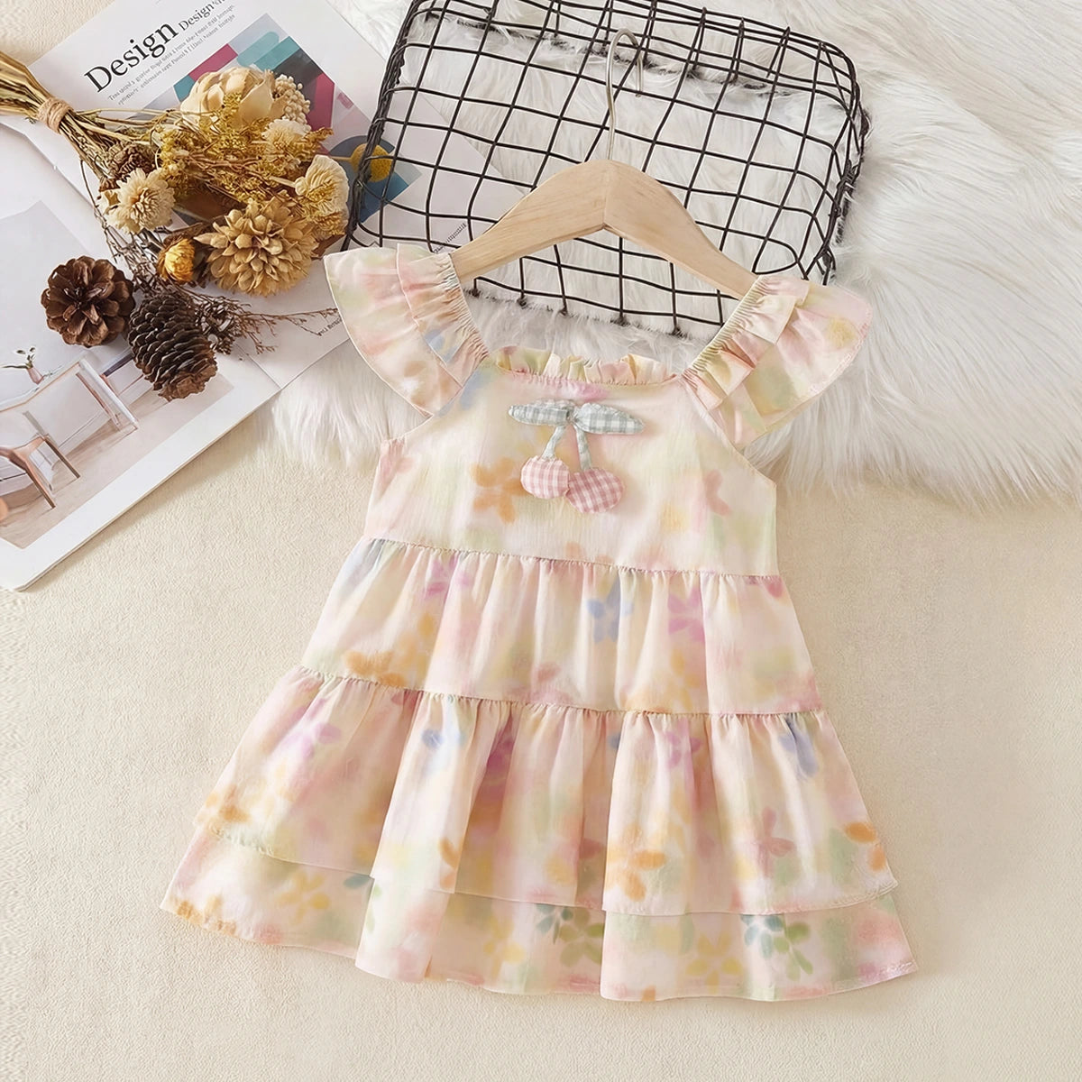 Girls Yellow Floral Print Cherry Applique Tiered A-Line Dress Casual Dresses Yellow 1-2 Y