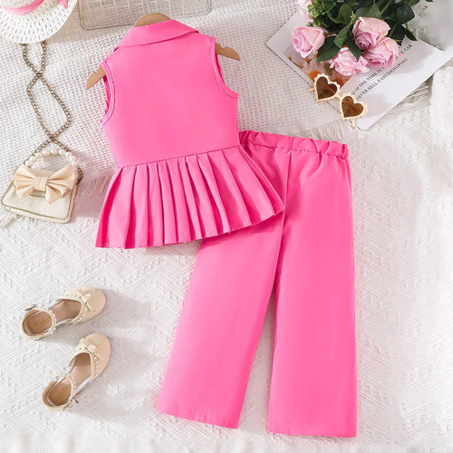 Girls Pink Sleeveless Blazer Top With Wide Leg Pants Co-ord Sets Sets