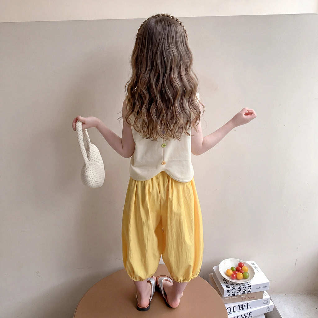 Girls Yellow Cat Graphic Sleeveless Top With Elasticated Pants Sets 2 pc. Sets