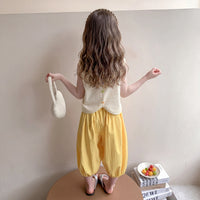 Girls Yellow Cat Graphic Sleeveless Top With Elasticated Pants Sets 2 pc. Sets
