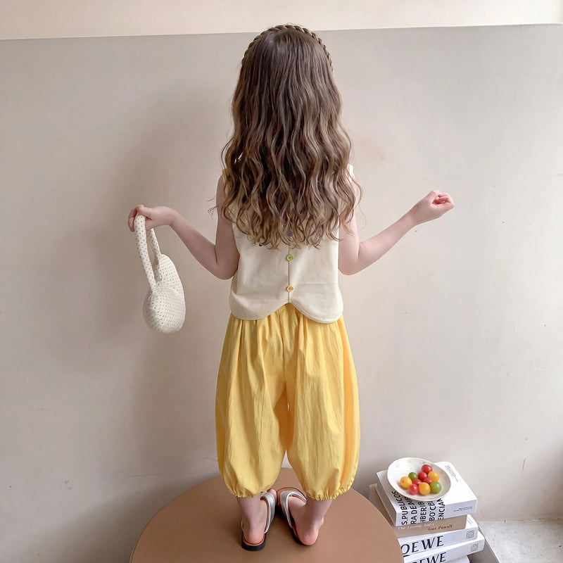 Girls Yellow Cat Graphic Sleeveless Top With Elasticated Pants Sets 2 pc. Sets