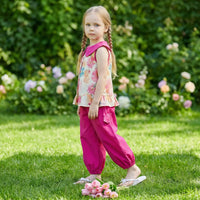 Girls Pink Floral Print Sleeveless Top With Elasticated Hem Pants Set Sets
