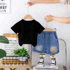 Boys Black Letter G Printed T-Shirt With Denim Shorts Set Sets