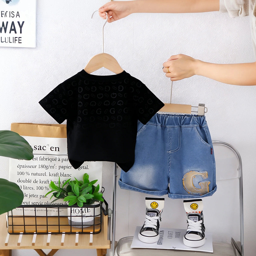 Boys Black Letter G Printed T-Shirt With Denim Shorts Set Sets