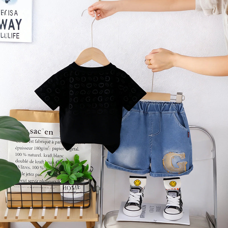 Boys Black Letter G Printed T-Shirt With Denim Shorts Set Sets