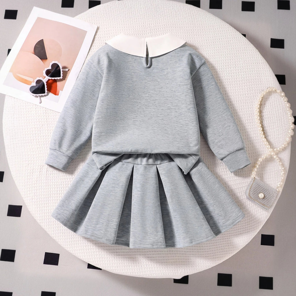 Girls Grey Alphanumeric Print Long Sleeve Sweatshirt With Skirt Sets 2 pc. Sets