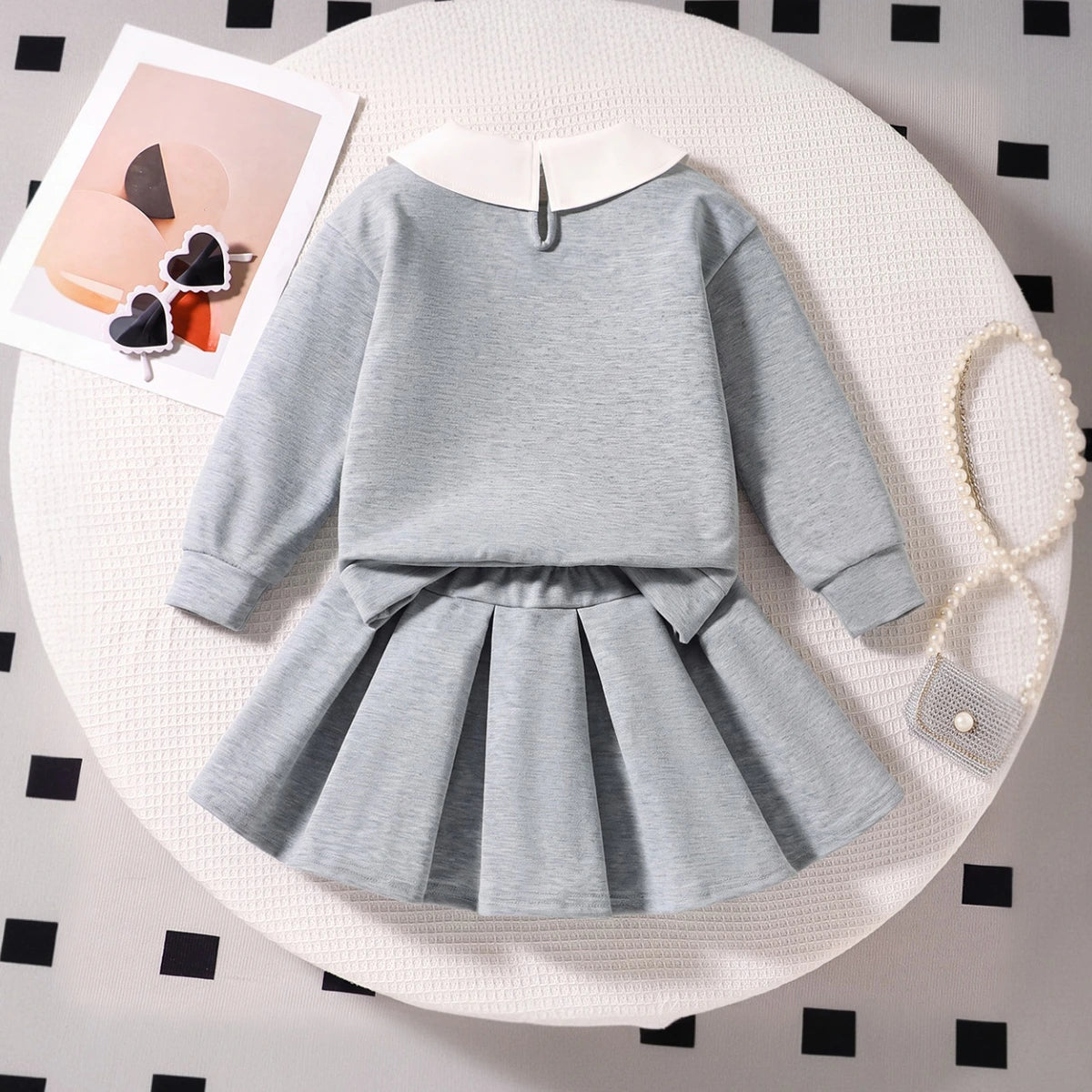Girls Grey Alphanumeric Print Long Sleeve Sweatshirt With Skirt Sets 2 pc. Sets