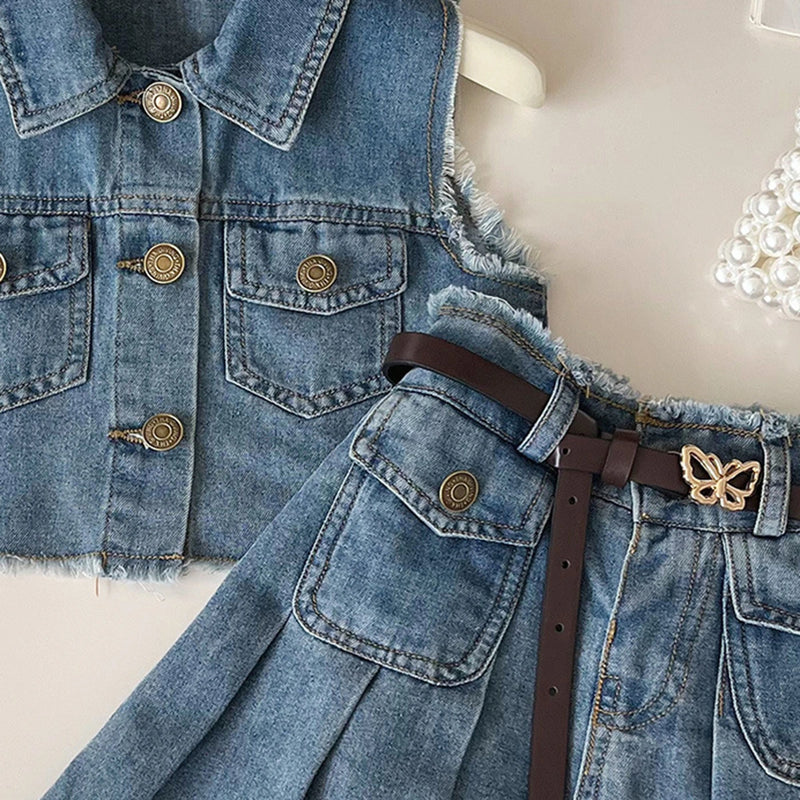 Girls Blue Puff Sleeve Top With Denim Skirt Sets 2 pc. Sets