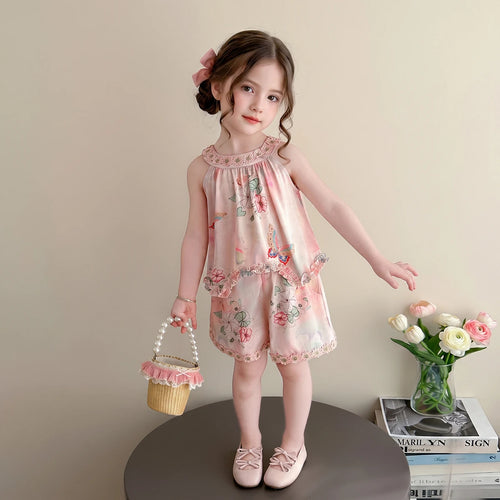 Girls Pink Floral Print Sleeveless Top With Shorts Sets 2 pc. Sets Pink 1-2 Y
