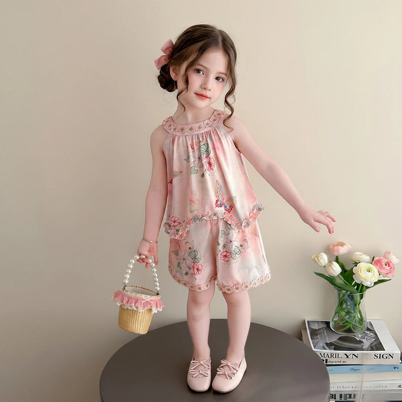 Girls Pink Floral Print Sleeveless Top With Shorts Sets 2 pc. Sets Pink 1-2 Y
