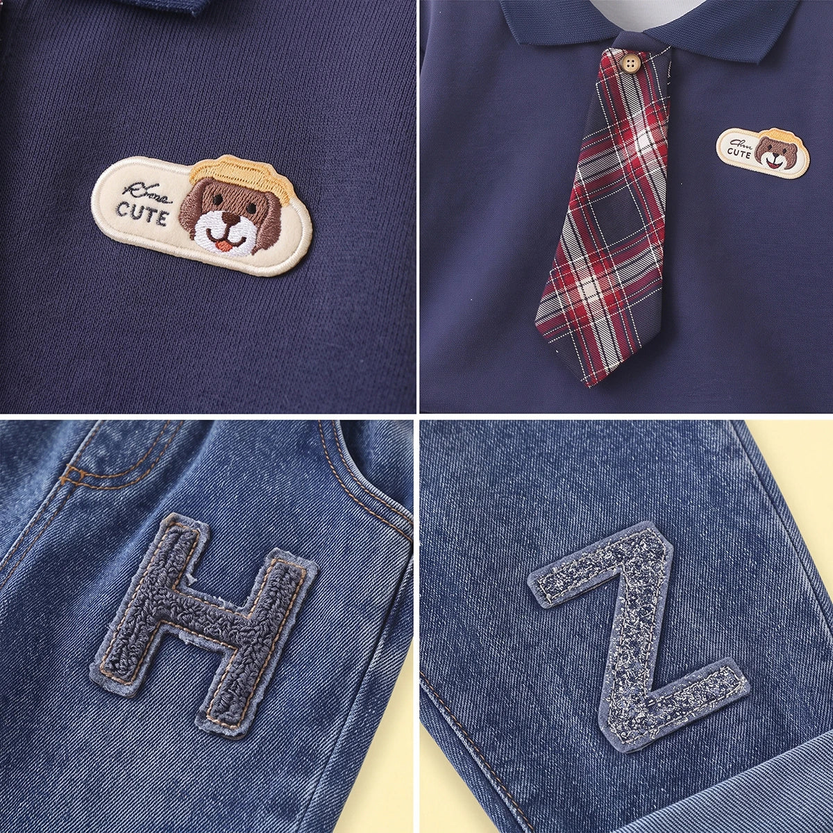 Boys Navy Blue Polo Sweatshirt & Denim Pants Sets Sets