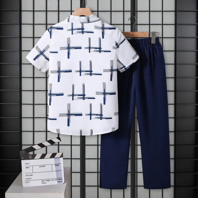 Boys White Abstract Print Short Sleeve Shirt With Pants Set 2 pc. Sets