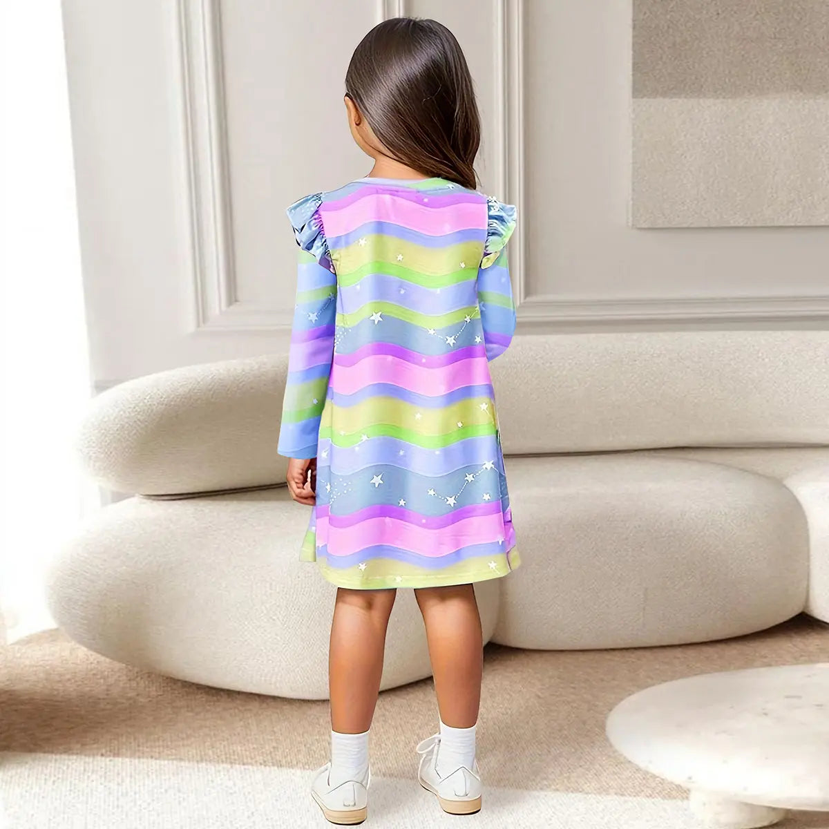 Girls Multicolor Rainbow Printed A-line Dress Casual Dresses