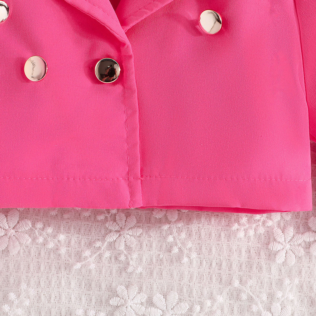Girls Dark Pink Solid Blazer Shrug With Butterfly Applique Tulle Overlay Fit And Flared Dress Casual Dresses