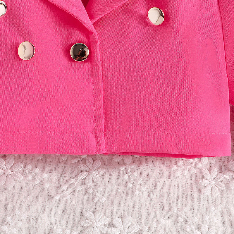 Girls Dark Pink Solid Blazer Shrug With Butterfly Applique Tulle Overlay Fit And Flared Dress Casual Dresses