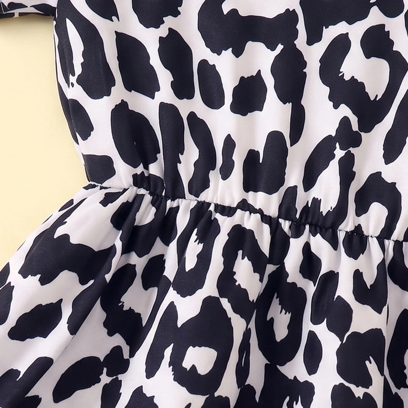 Girls Black Leopard Print Short Sleeve A-line Dress Casual Dresses
