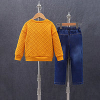 Boys Orange Self-Design Long Sleeve Sweatshirt With Denim Trouser Sets 2 pc. Sets