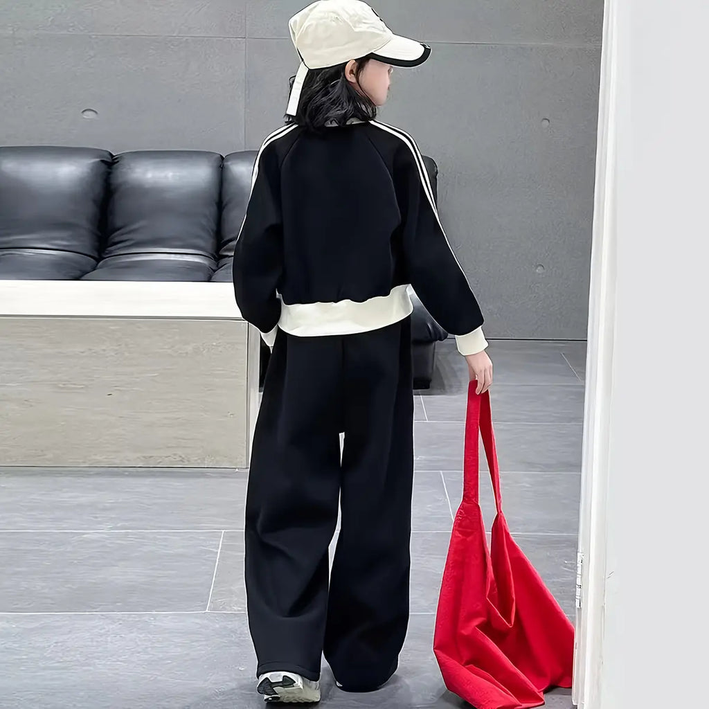 Girls Black Side Striped Zipper Jacket With Wide Leg Pants Sets Sets