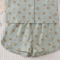 Girls Green Floral Print Peter Pan Collar Top With Shorts Sets 2 pc. Sets