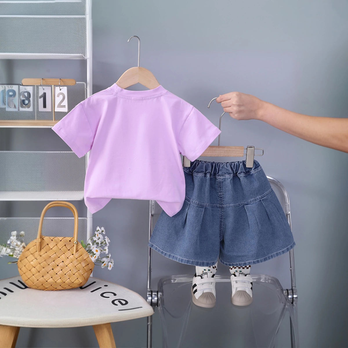 Girls Purple Cherry Embellished T-Shirt With Pleated Denim Shorts Set Sets