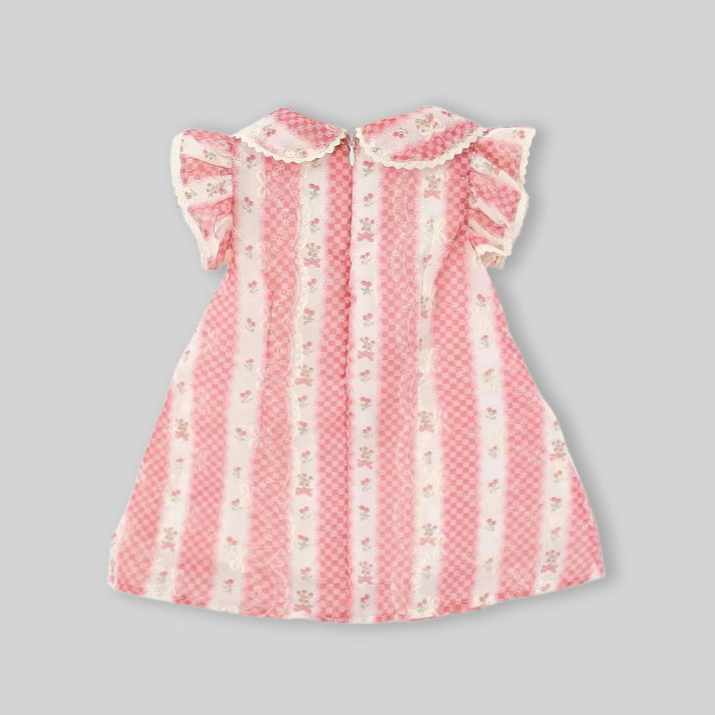 Girls Pink Floral Peter Pan Collar Ruffle A-line Dress Casual Dresses