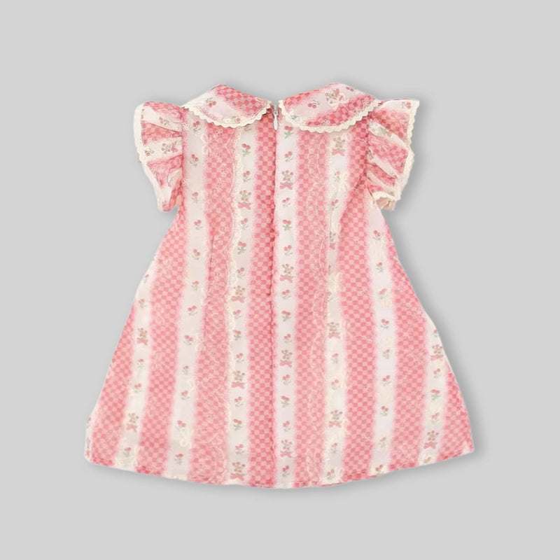 Girls Pink Floral Peter Pan Collar Ruffle A-line Dress Casual Dresses