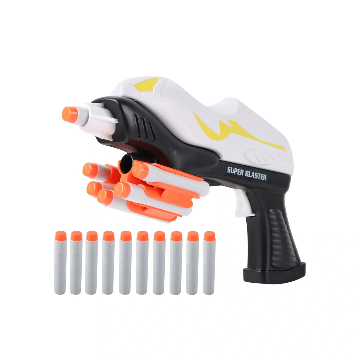 White and black manual soft bullet toy blaster with 10 foam darts