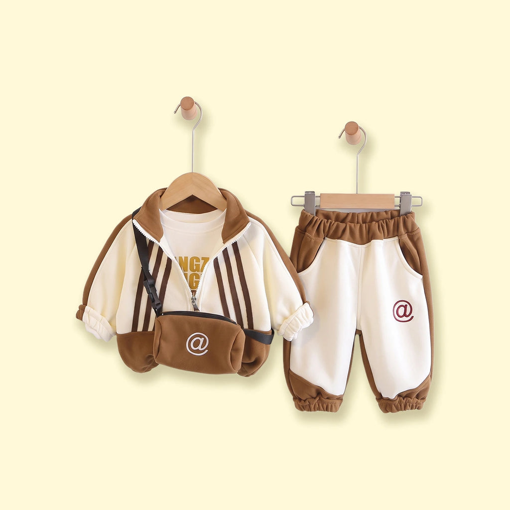 Boys Brown Striped Jacket & Joggers With T-Shirt Sets 3 pc. Sets Brown 1-2 Y