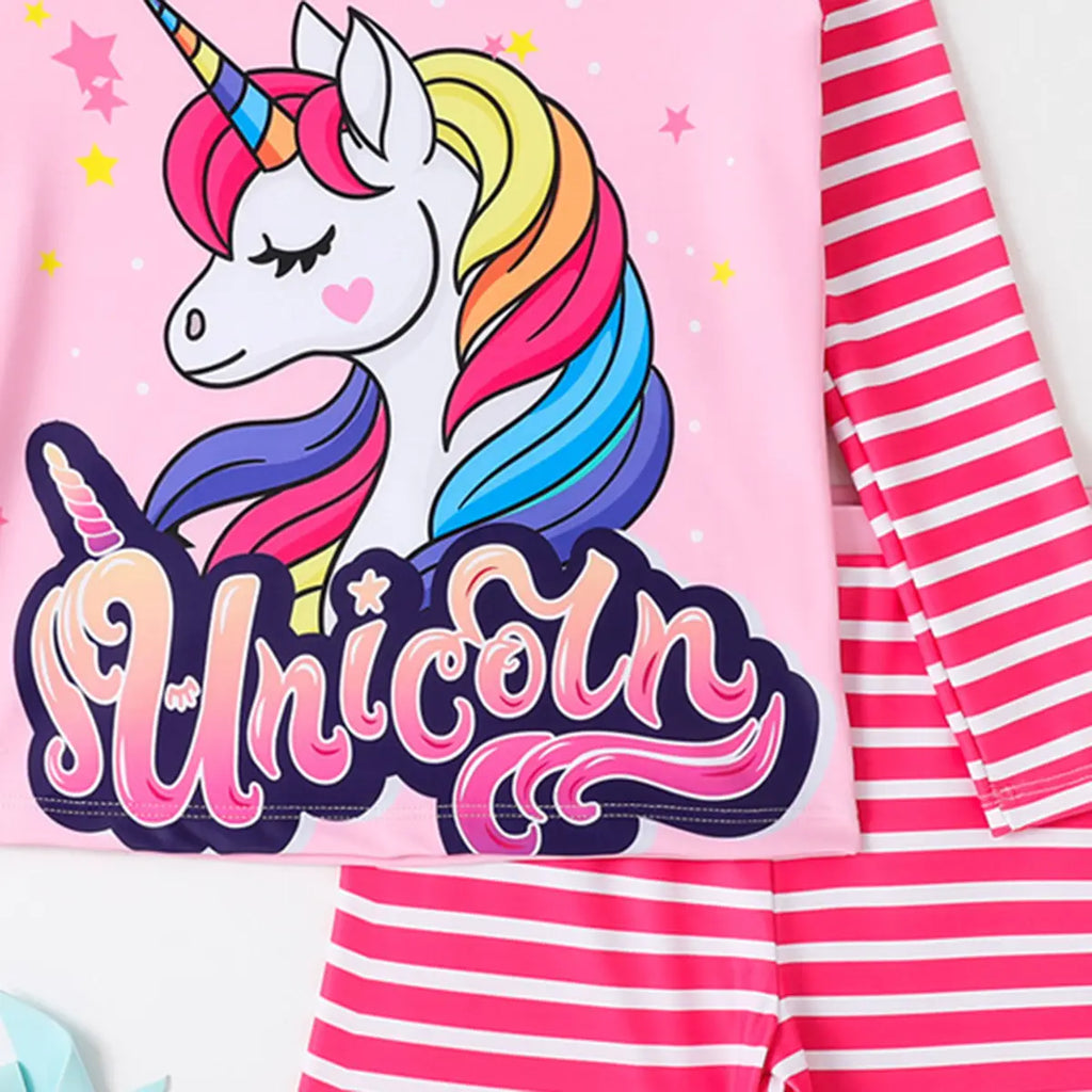 Girls Fuchsia Stripes Unicorn Printed T-Shirt With Shorts Swimwear Set Beachwear